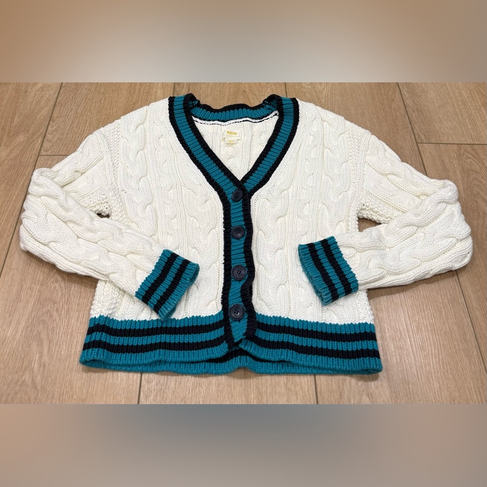 Anthropologie White Cable Knit Cardigan with Teal and Black Trim